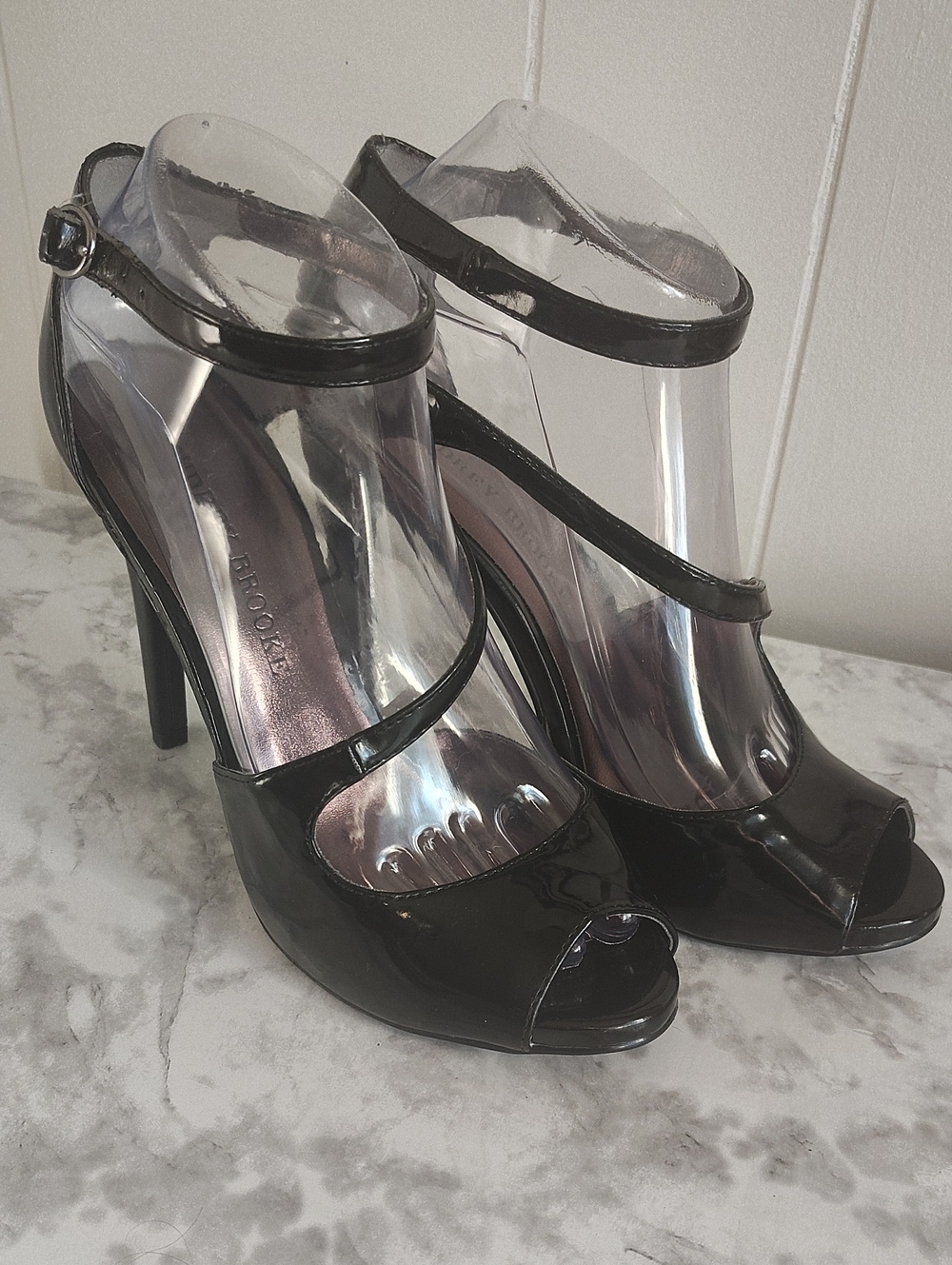 Audrey Brooke Black Patent Peep-Toe Ankle-Strap Heels